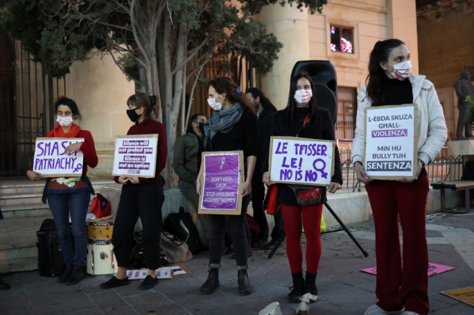 Women activists call for more urgency in society when to stamp out gender-based violence, in a demonstration in Valletta